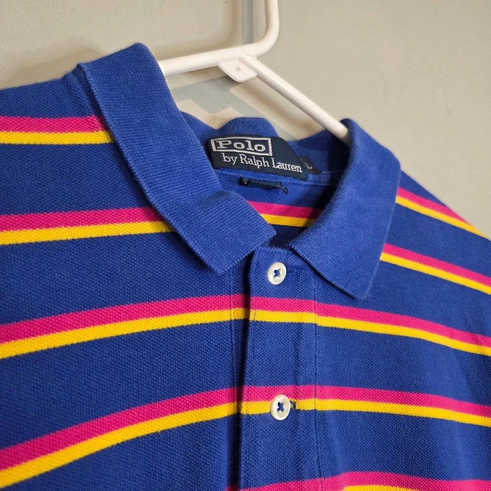 Polo Ralph Lauren Striped Polo Shirt Mens Large Blue Pink Yellow Cotton Vintage